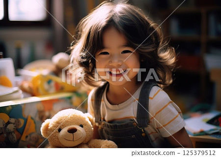 Joyful Young Girl Amidst Toys in a Book-Filled Room, Radiating Childhood Wonder with Tousled Hair. created with Generative AI 125379512