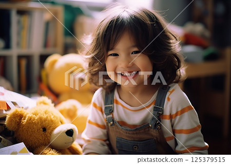 Joyful young girl, tousled hair, innocent reverie, toys, book-filled room, childhood wonder, heartwarming, experience, magic, captured, exuberance, radiates, celebration, unfiltered joy, simple 125379515
