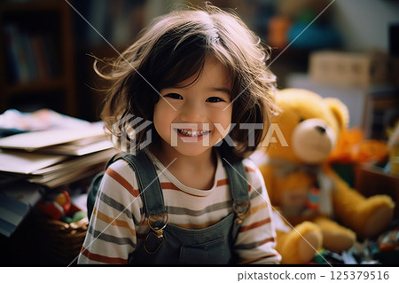 Joyful Young Girl Amidst Toys in a Book-Filled Room, Radiating Childhood Wonder with Tousled Hair. created with Generative AI 125379516