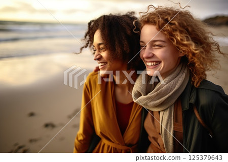 Oceanic Bonds Joyful Embrace of Two Women on a Breezy Beach, Laughter Echoing Waves, Windswept Hair, and Warm Scarves Unveiling Deep Connections. created with Generative AI 125379643