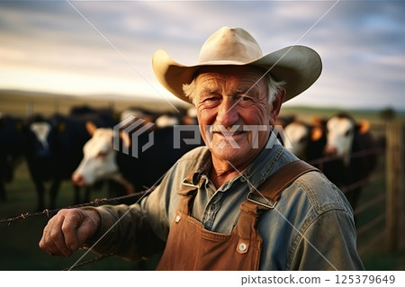 Sundown Serenity Warmly Smiling Elderly Farmer Stands by Fence with Cattle, Embracing Rural Life, Agriculture, and a Lifetime of Experience. created with Generative AI Sundown Serenity Warmly Smiling Elderly Farmer Stands by Fence with Cattle, Embracing Rural Life, Agriculture, and a Lifetime of Experience. created with Generative AI 125379649
