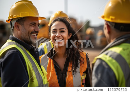Building Unity Diverse Construction Team, Spotlight on Hispanic Female, Engaged in On-Site Conversation, Exemplifying Camaraderie and Seamless Teamwork. created with Generative AI 125379733