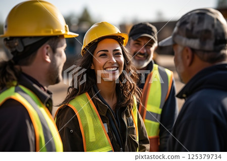 Building Unity Diverse Construction Team, Spotlight on Hispanic Female, Engaged in On-Site Conversation, Exemplifying Camaraderie and Seamless Teamwork. created with Generative AI 125379734