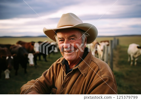 Sundown Serenity Warmly Smiling Elderly Farmer Stands by Fence with Cattle, Embracing Rural Life, Agriculture, and a Lifetime of Experience. created with Generative AI 125379799