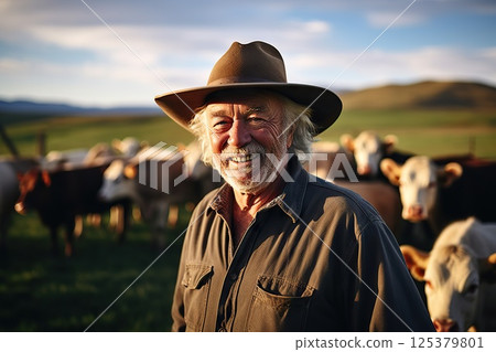 Sundown Serenity Warmly Smiling Elderly Farmer Stands by Fence with Cattle, Embracing Rural Life, Agriculture, and a Lifetime of Experience. created with Generative AI Sundown Serenity Warmly Smiling Elderly Farmer Stands by Fence with Cattle, Embracing Rural Life, Agriculture, and a Lifetime of Experience. created with Generative AI 125379801