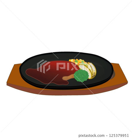 Illustration of a hamburger steak on a hot plate Illustration of a hamburger steak on a hot plate 125379951