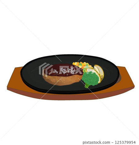 Illustration of a hamburger steak on a hot plate 125379954