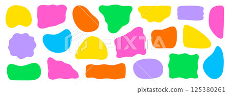 Abstract organic shape round form set. Liquid organic blob curve shape figure. Abstract liquid bubble, wavy different form. Soft round oval pattern background. Vector 125380261