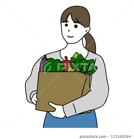 Illustration of a woman holding grocery shopping vegetables 125380264