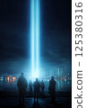 A beam of light descends, enveloping the group in a moment of cosmic wonder and fear. A beam from a UFO snatches a group of people. Silhouette of several people looking at a UFO. 125380316