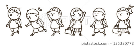 Simple line drawing of children going to and from school 125380778