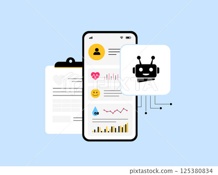AI-driven diagnostics with smartwatches and health trackers. Algorithms analyze health data for early detection and medical insights in modern healthcare. Ai diagnostics vector illustration and icons. AI-driven diagnostics with smartwatches and health trackers. Algorithms analyze health data for early detection and medical insights in modern healthcare. Ai diagnostics vector illustration and icons. 125380834