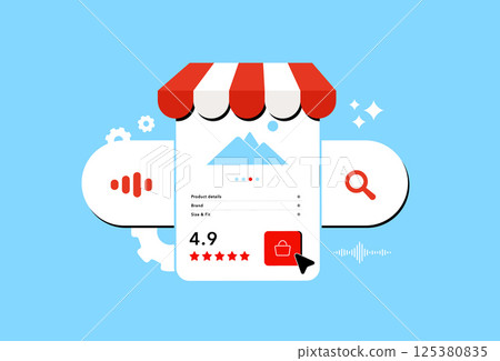 Voice search in marketing using voice input, SEO optimization, digital assistants to improve product discovery and user interaction. Voice search optimized e-commerce product pages vector illustration 125380835