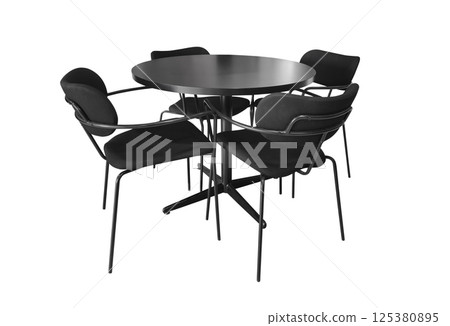Modern black dining table and chairs isolated on white background. Kitchen dining table. 125380895