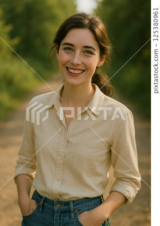 A woman smiling in nature ─ soft sunlight and a gentle gaze 125380961