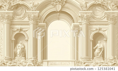 Blank funeral flyer template   with image placeholder and ornate palace motifs 125381041