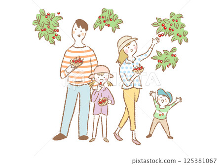 A simple hand-drawn illustration of a smiling family of four picking cherries A simple hand-drawn illustration of a smiling family of four picking cherries 125381067