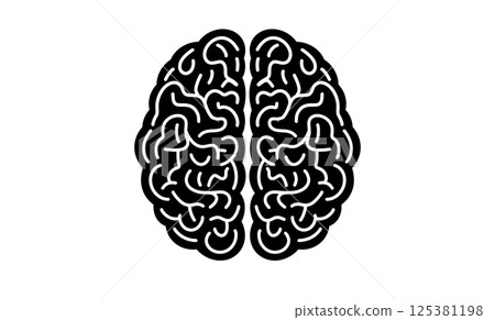 black and white illustration of a human brain top view, ideal for science, education, or psychology related designs, stylized anatomy, concept of mind, psychology, mental power 125381198