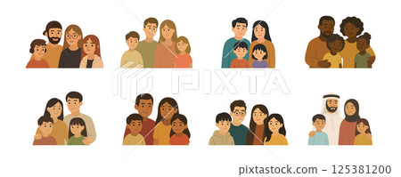Vector Happy Family With Kids Set. Multicultural Parents and Children. Diverse Families Clipart for Education, Parenting, School Materials. Social, Family Love, Unity and Inclusion Concept 125381200
