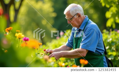 elderly man tending blooming flowers in vibrant summer garden while wearing green apron, concentrating on delicate plant care surrounded by lush greenery, gardening, wellness, nature therapy 125381455