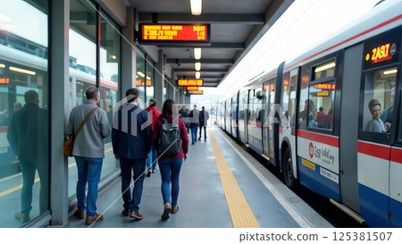 people walking along platform toward waiting train in a modern railway station during daytime, urban commuters heading to work or school, public transport, smart city planning, people walking along platform toward waiting train in a modern railway station during daytime, urban commuters heading to work or school, public transport, smart city planning, 125381507