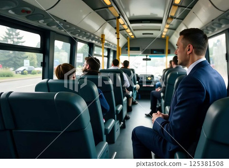 commuters in business attire sitting quietly in a modern city bus, traveling during morning hours with natural light from windows, concept of public transport, business travel, urban mobility commuters in business attire sitting quietly in a modern city bus, traveling during morning hours with natural light from windows, concept of public transport, business travel, urban mobility 125381508