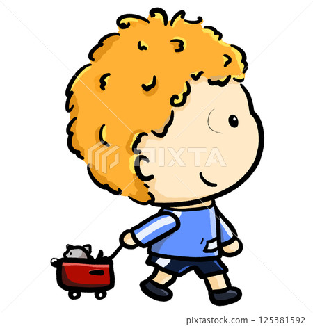 Curly orange hair boy smiling and pulling small trolley cartoon color illustration 125381592
