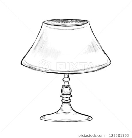 Sketch of a table lamp featuring a conical lampshade with subtle shading lines 125381593