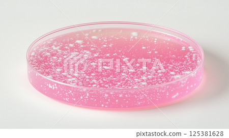 Pink frothy liquid in transparent petri dish on white background 125381628