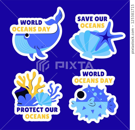 Cute Ocean Life Theme for World Oceans Day Social Label Design Cute Ocean Life Theme for World Oceans Day Social Label Design 125381715