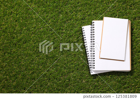 A paper notebook with a pencil on the grass. A paper notebook with a pencil on the grass. 125381809