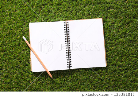 A paper notebook with a pencil on the grass. A paper notebook with a pencil on the grass. 125381815
