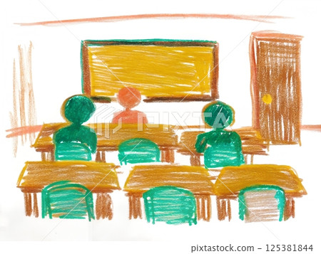 Classroom Setting: Illustration of students and teacher in the educational environment, ideal for themes of education, learning, and academic pursuit. 125381844