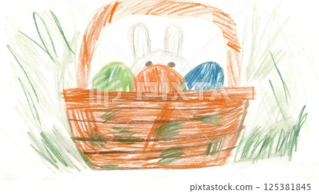 Easter Basket Illustration: A whimsical illustration captures the essence of Easter with a charming basket brimming with colorful eggs, the bunny peeking out in an imaginative and playful scene. Easter Basket Illustration: A whimsical illustration captures the essence of Easter with a charming basket brimming with colorful eggs, the bunny peeking out in an imaginative and playful scene. 125381845