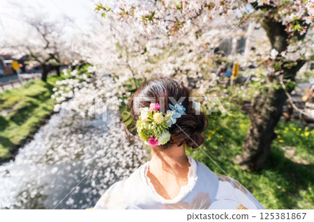 Back view of a middle-aged woman in a kimono sightseeing in Koedo in spring 125381867
