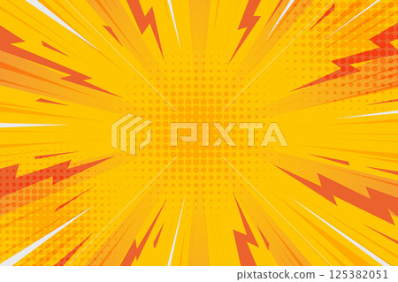 Comic pop art background with lightnings and radial sunburst. Halftone pattern effect on yellow backdrop with explosion frame. Manga style retro illustration. 125382051