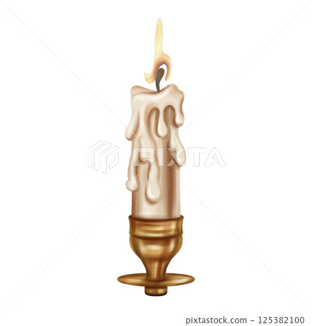 Golden metal candelabra with a long burning candle. Decoration in victorian gothic old victorian design. Research archive, Royal library. Handmade illustration on white background 125382100