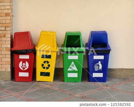 Separate waste bins for recycling, food waste, and chemical waste. 125382592