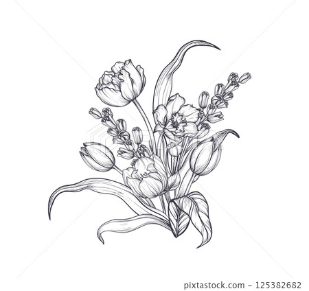 Vector composition of spring flowers, leaves and branches. Different flowers, tulips, anemones and other plants in beautiful bouquet. Vector composition of spring flowers, leaves and branches. Different flowers, tulips, anemones and other plants in beautiful bouquet. 125382682