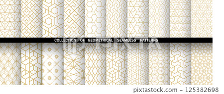 Geometric set of seamless golden and white patterns. Simple vector graphics Geometric set of seamless golden and white patterns. Simple vector graphics 125382698