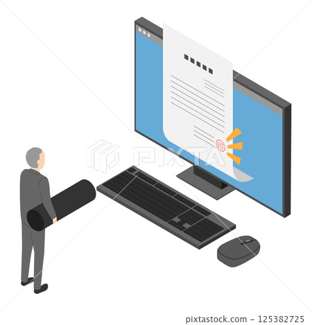 Male office worker stamping a document with an electronic seal 125382725