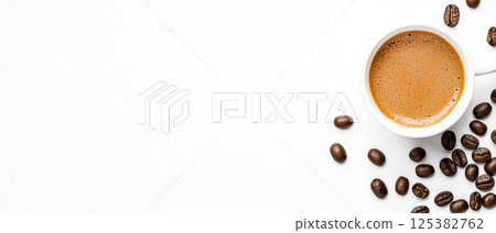 Simple cafe-style photo, coffee cup and beans, white background, branded composition 125382762
