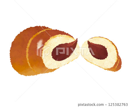 A cornet filled with plenty of chocolate cream, torn in half, crayon touch 125382763