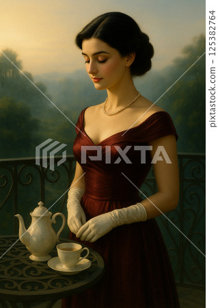 與一位穿著古典服飾的女士共度的靜謐下午茶時光——裹著深紅色長裙的優雅早晨 125382764
