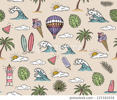 Summer pattern with surfboard and wave, hand drawn illustration.	 125382938
