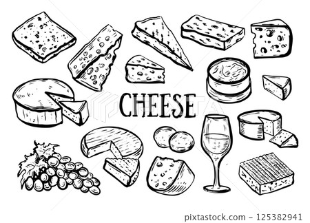 Cheese collection. Set of ink sketches. Hand drawn	 125382941