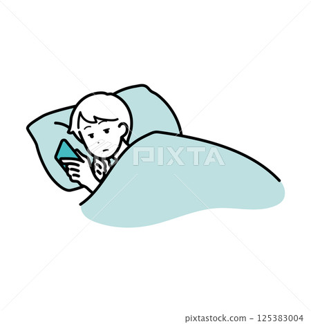 睡覺:一名男子睡覺時看著智慧型手機的插圖 睡覺:一名男子睡覺時看著智慧型手機的插圖 125383004
