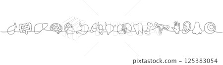Set of human organs one line continuous drawing. Heart, kidneys, reproductive system, hand, nose, bone, bladder, gallbladder, intestines, tooth Set of human organs one line continuous drawing. Heart, kidneys, reproductive system, hand, nose, bone, bladder, gallbladder, intestines, tooth 125383054