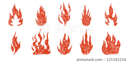 Fire flame grunge hand drawn chalk. Tattoo abstract y2k vintage simple shape. Crayon drawn red flame icon. Graffiti doodle. 125383158
