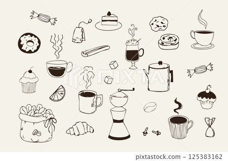 Breakfast tea and coffee sketch retro hand drawn cafe menu elements. Vintage dessert whimsical doodle drawing, Croissant and morning coffee mug, cappuccino beverage. Breakfast tea and coffee sketch retro hand drawn cafe menu elements. Vintage dessert whimsical doodle drawing, Croissant and morning coffee mug, cappuccino beverage. 125383162